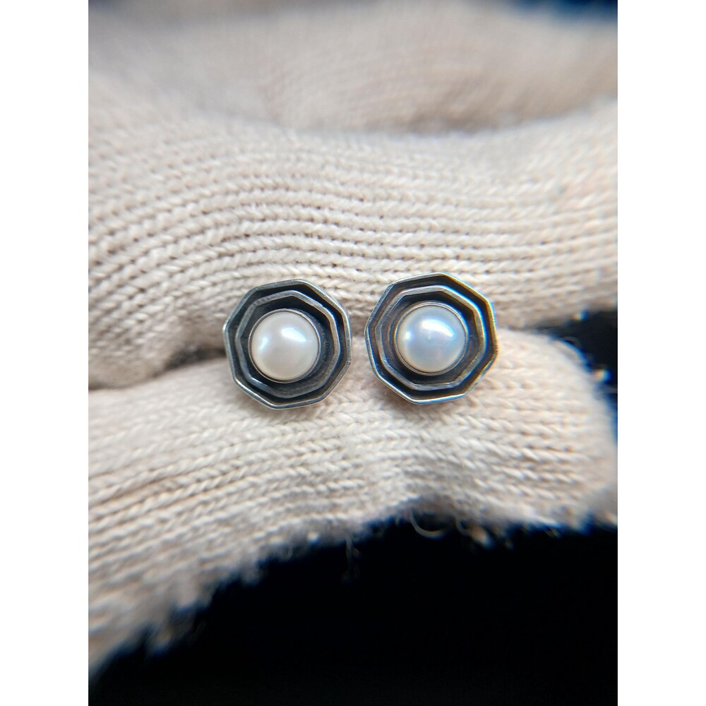 Sterling Silver Faux Pearl Stud Octagonal Earrings